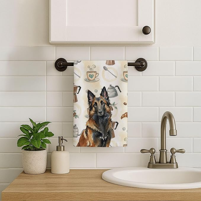 Caroline's Treasures Belgian Tervuren Coffee Bar Kitchen Towel Velour Plush Front and Cotton Loop Back Machine Washable