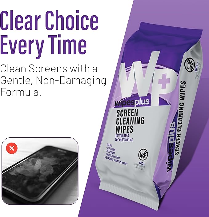 WIPESPLUS Screen Cleaning Wipes Electronic Cleaning Wipes with Alcohol for Home and Business, 1200 Count, (24 Packs of 50)
