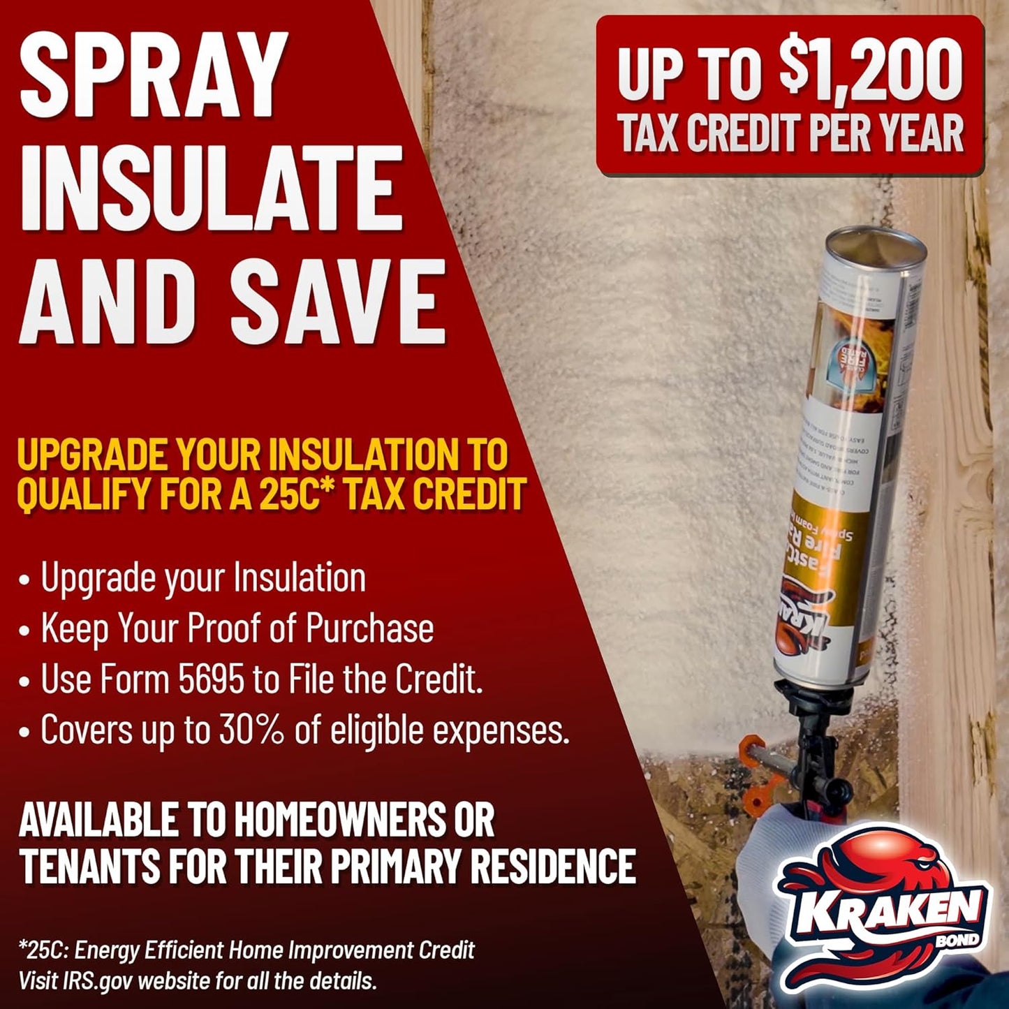 Kraken Bond Fastcoat Fire Rated Spray Foam Insulation Kit Closed Cell in a Can 20 sq ft (1x27.1 oz.) (R-Value 11.32 / 2in) - Spray Foam for Garage Door, Attic, Wall Gun & Cleaner Not Included, 1 Pack