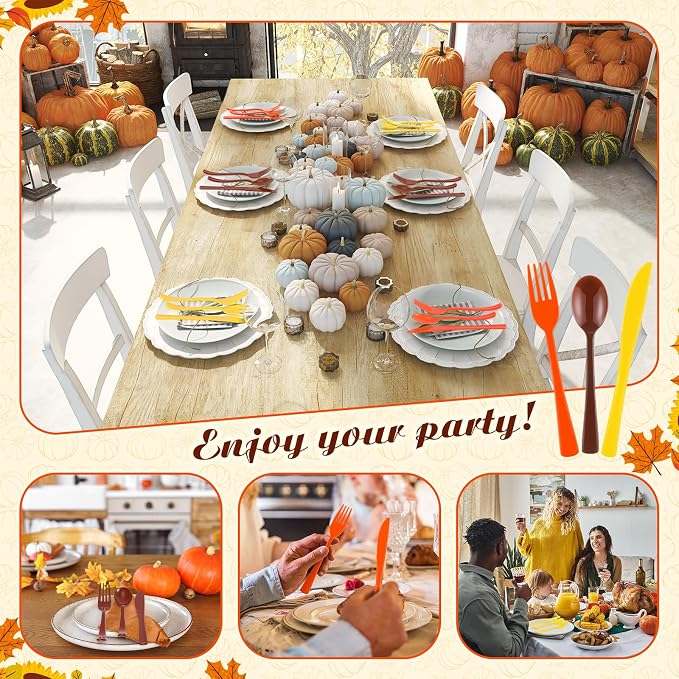 Minatee 180 Pcs Plastic Silverware Heavy Duty Cutlery Sets Disposable Utensils for Holiday Birthday Themed Party Supplies, 60 of Each Forks Knives Spoons(Brown,Orange,Yellow)