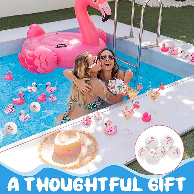 FoldTier 6 Pack Hot Tub Scum Absorber Balls, 3 Inch Flamingo Pattern Floating Pool Spa Cleaner, Washable Reusable Hot Tub Absorber Accessories for Oils Lotions, Prevents Scum Lines & Filter Clogs