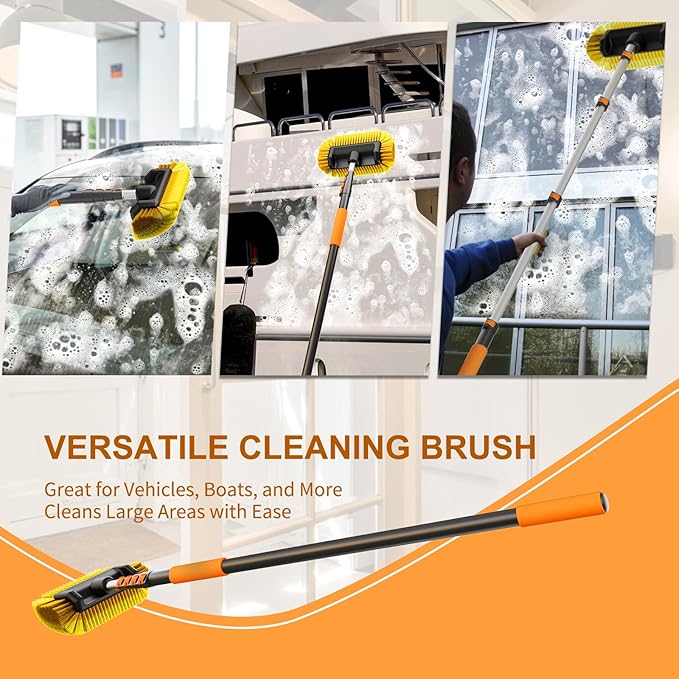 SISUPASSIE Car Wash Brush, 12FT Telescopic Car Wash Brush with Long Handle, 12-Inch Soft Bristle Car Cleaning Brush for Cleaning Car, RV, Truck, Boat, Solar Panels