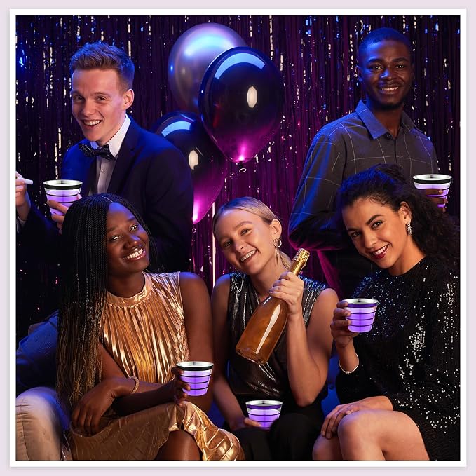 Gejoy 9 oz 100pcs Black and Purple Rimmed Stripe Plastic Cups Bulk Disposable Wine Hard Plastic Drinking Cocktail Cups Tumblers for Wedding Gathering Party Supplies(Black, Purple)