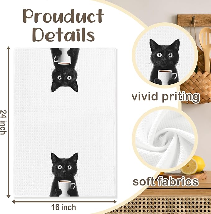 Funny Black Cat Kitchen Towels, Cats Kitchen Bar Accessories, Cat Lovers Chef Gifts for Women Decorative Hand Towels for Kitchen Decor, Dining Room Dish Tea Towel, 16x24 Inch