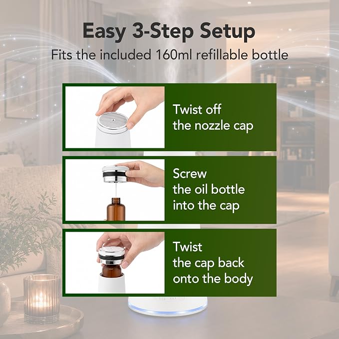 Waterless Essential Oil Diffuser for Home & Commercial Spaces, Smart App & Remote Control Cold-Air Nebulizing Diffuser, 160ml, Covers up to 1,500 sq ft, 8/12/24H Timer, Quiet 38dB