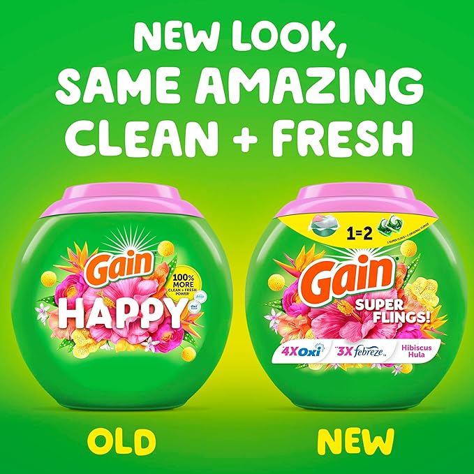 Gain Super Flings Laundry Detergent Pacs, 32 Count, Hibiscus Hula scent, irresistibly clean and fresh washing detergent laundry soap pacs