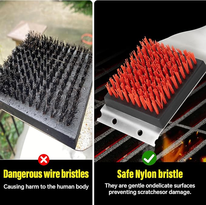 XUDAKAIXIN Nylon Grill Brush, Dual Grip Design, with Extended Luxurious Acacia Wood Handle, Safe Nylon Bristles Barbecue Outdoor Grill Brush for Cooled Grates(Red)