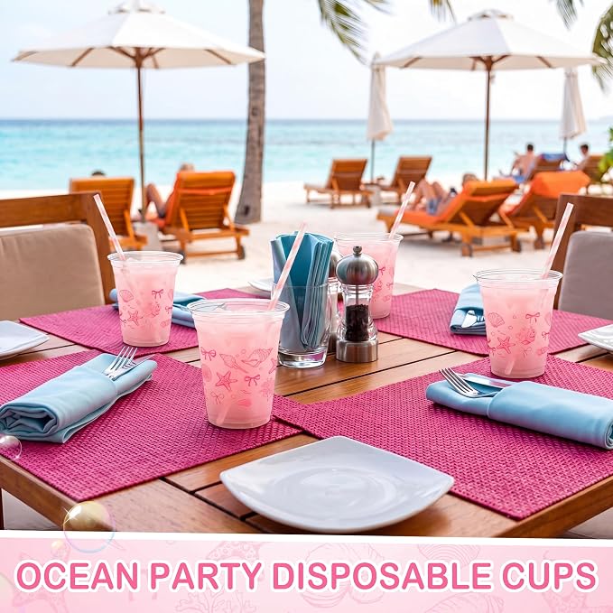 Tanlade 60 Pcs Ocean Party Plastic Cups 12 oz Pink Bow Seashell Starfish Coastal Nautical Sea Theme Disposable Cups for Baby Shower Summer Theme Birthday Wedding Party Supplies Decorations