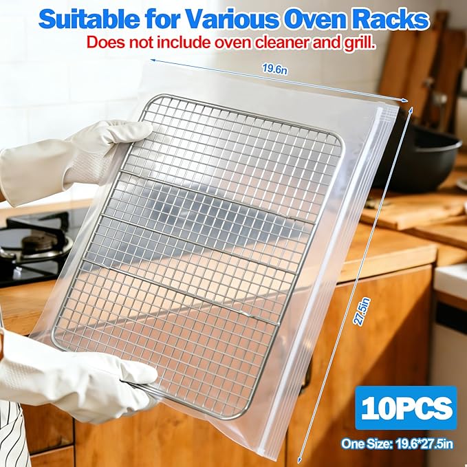 Palksky Oven Rack Cleaning Bags, 19.6 x 27.5 Inch Heavy Duty No-Scrub with Side Zipper Opening, Reusable Leak-Resistant PE for Deep Soaking Grill Grates & BBQ Racks, No Cleaner Included, 10 Pack