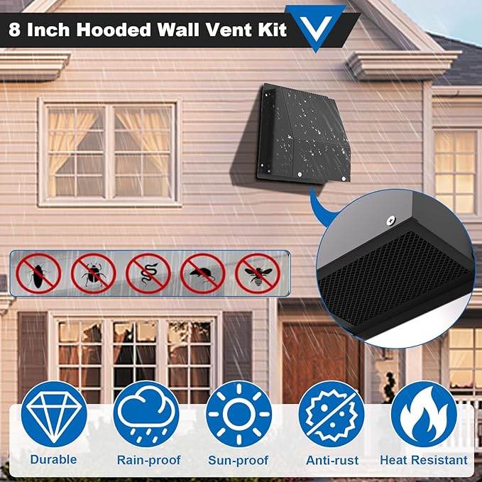 8 Inch Wall Vent with Screen and Damper, Galvanized Steel Hooded Wall Vent Cover with Hose Clamps Aluminum Foil Tape Screws Black Metal Exhaust Duct Cap Kit for Outdoor Kitchen Range Hood Bathroom
