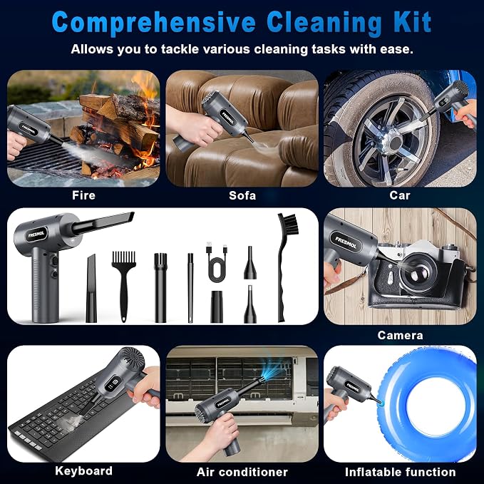 FRESMOL Compressed Air Duster 100000RPM Cordless Grey | 3 Speeds, Smart LED Display, LED Light, 7500mAh Rechargeable, 5 Nozzles & 3 Brushes, for Keyboard, Car, Home, Outdoor