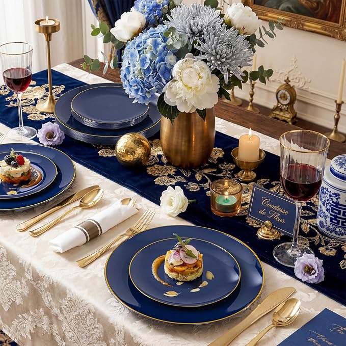KIRE 350Pcs Blue and Gold Plates -Heavy Duty Navy Blue Dinnerware Set - 100 Plastic Plates 50 Pre Rolled Napkins with Gold Plastic Silverware 50 Cups for Party/4th of July/Wedding