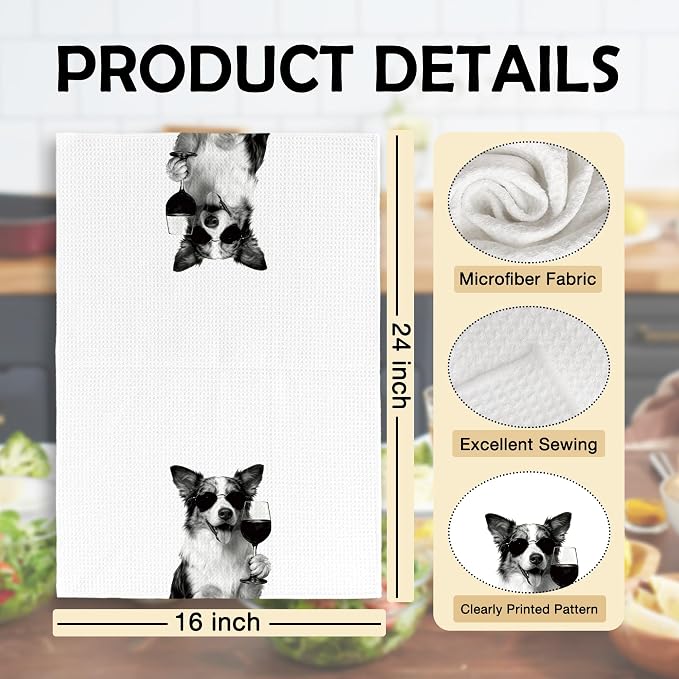 Funny Australian Shepherd Wine Kitchen Towels, Gifts for Dog Wine Lovers, Bar Accessories Dish Tea Towels for Kitchen, Dog Owners Housewarming Gift Decorative Hand Towel 16x24 Inch