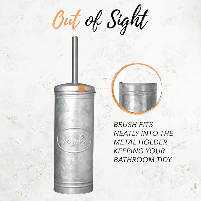 Autumn Alley Rustic Farmhouse Trash Can and Toilet Brush Holder Set - Galvanized Bathroom Trash Can with Matching Toilet Brush, Rustic Farmhouse Bathroom Decor, Grey, 2 Gal.