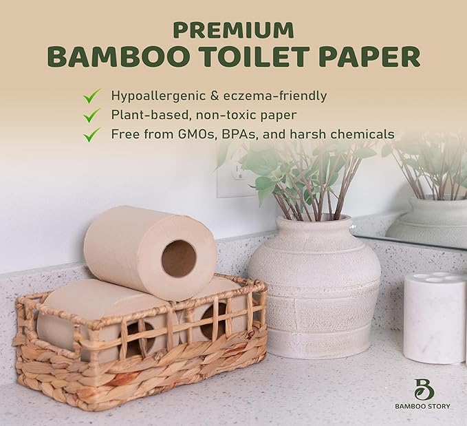 Bamboo Story, Bamboo Toilet Paper Unbleached, 12 Rolls, 3 Ply and 300 Sheets Bamboo Toilet Tissue - FSC Certified, Biodegradable, Chemical Free, Plastic Free, BPA Free, Septic Safe Toilet Paper