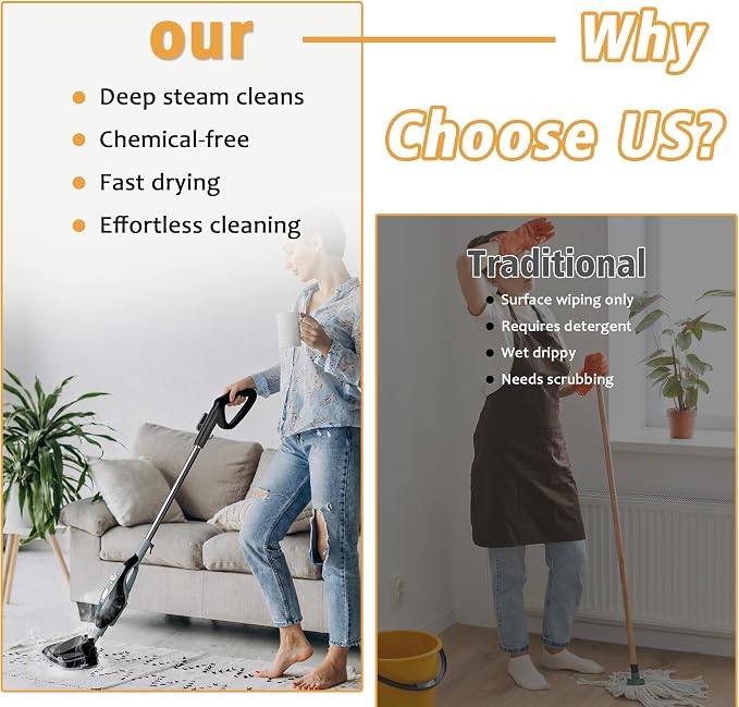 12 in 1 Steam Mop, Handheld Steam Cleaner with 2 Washable Pads, Floor Steamer for Hardwood and Tile, Multipurpose Floor Cleaner Machine for Carpets, Furniture, Windows, Black and Grey