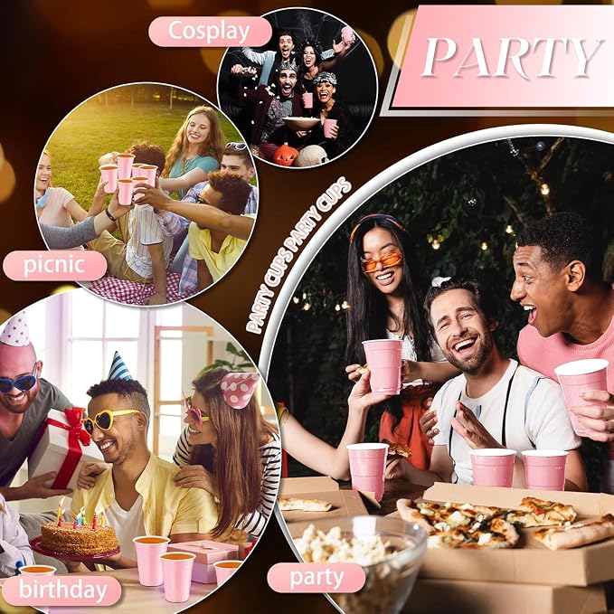 Lounsweer 100 Pcs 16 oz Disposable Party Cups Plastic Heavy Duty Drinking Water Cups for Birthday Baby Shower Wedding BBQ Picnic Party Supplies(Light Pink)
