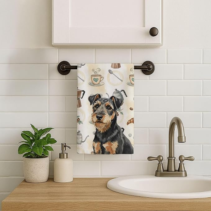 Caroline's Treasures Black and Tan Lakeland Terrier Coffee Bar Kitchen Towel Velour Plush Front and Cotton Loop Back Machine Washable