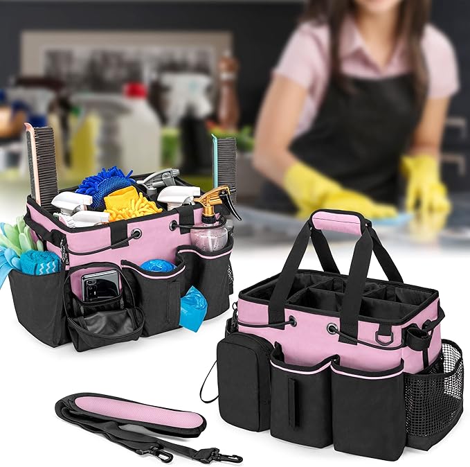 LoDrid Large Professional Cleaning Caddy with Detachable Divider, Supply Organizer with Handle and Shoulder Strap, Cleaning Bags for Housekeepers & Cleaners, Pink