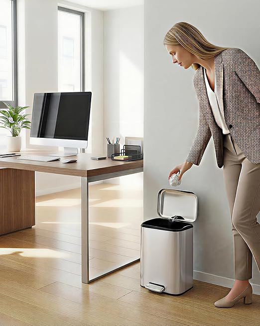 3.2 gal/12L Stainless Steel Kitchen Trash Can, Step-on Recycling Bin with Soft Close Lid, Removable Inner Bucket, Rectangular Wastebasket for Office Living Room, Silver
