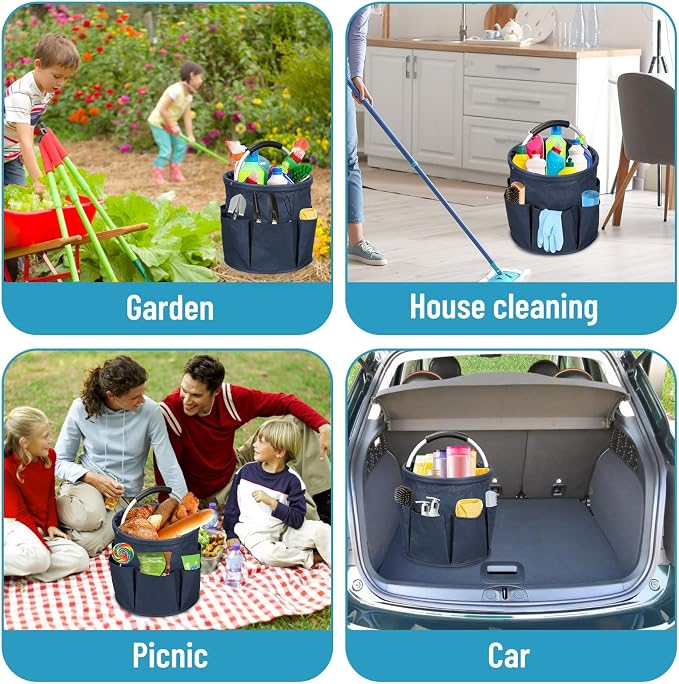 17L Foldable Cleaning Caddy with Handle - Portable Duty Tool Bag Cleaning Supply Organizer, Multi-Compartment Cleaning Bucket Storage Basket for Home Kitchen Bathroom (Blue)