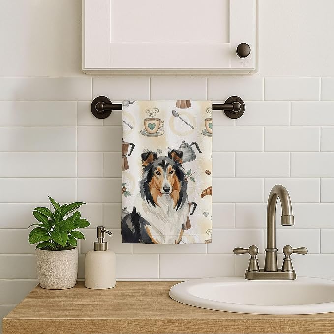 Caroline's Treasures Tricolor Collie Coffee Bar Kitchen Towel Velour Plush Front and Cotton Loop Back Machine Washable