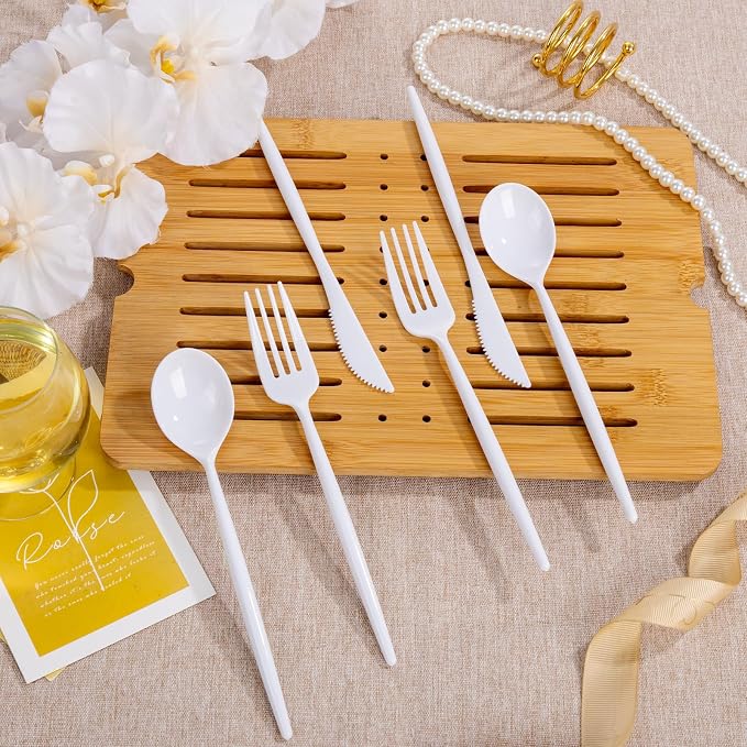 Supernal 360PCS White Plastic Silverware Set - Heavy Duty Disposable Utensils (120 Forks, 120 Knives, 120 Spoons) - Elegant Plastic Cutlery for Weddings, Catering, Party & Daily Dining