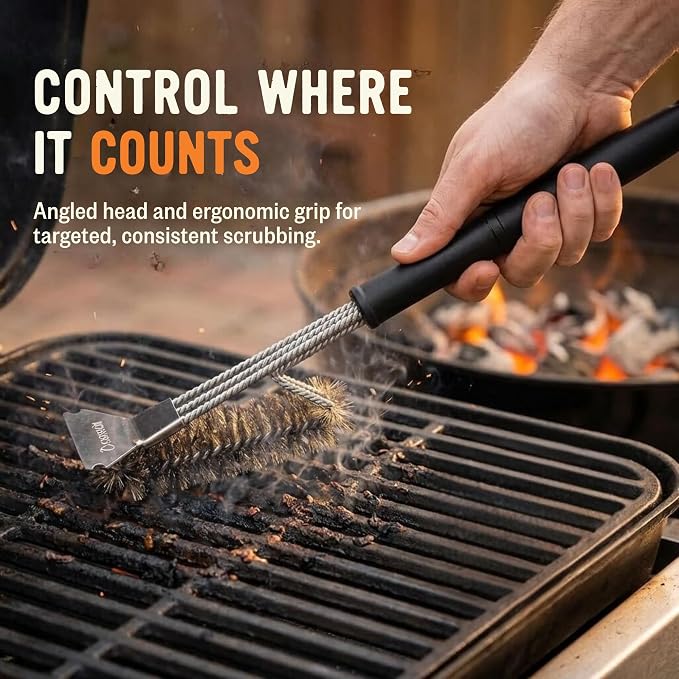 Kosmos Q Grill Brush with Scraper, for Him, Heavy Duty BBQ Grill Cleaning Brush for Gas, Charcoal, Pellet & Smoker Grills, Grill Grate Cleaner Tool for Cooking & Barbecue Accessories