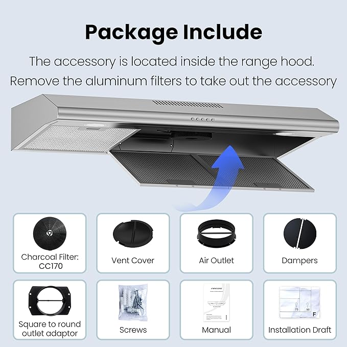 FIREGAS Under Cabinet Range Hood 36 inch with Ducted/Ductless Convertible, Slim Kitchen Vent Hood, LED Light, 3 Speed Exhaust Fan, Reusable Aluminum Filter, Push Button,Charcoal Filter