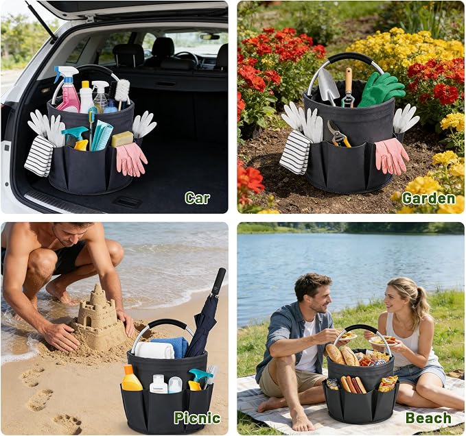 17L Foldable Cleaning Caddy with Handle - Portable Oxford Fabric Storage Bucket, Organiser for Cleaning Supplies, Toiletries, Home, Garden, Picnic & Beach (Dark Gray)
