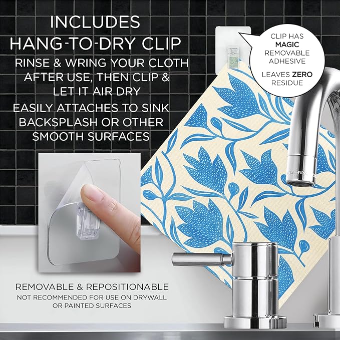 LOLA Swedish Dishcloths XL on a Roll, 30 Sheets, Floral Pattern, Perforated Tear-Off 11" x 10" Sheets w/Hook, Reusable Absorbent Unpaper Towels Cellulose Sponge Cloth Biodegradable Made in Germany