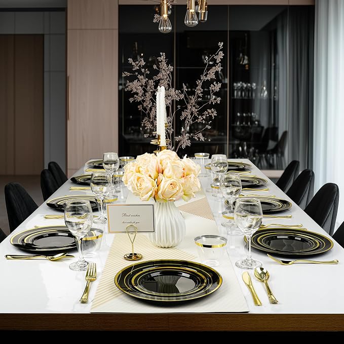 BESTVIP 600PCS Black Gold Dinnerware Set for 100 Guests, Plastic Plates for Halloween Party and Christmas, 100 Disposable Plates, 100 Dessert Plates, 100 Cups, 100 Spoons, 100 Forks and 100 Knives