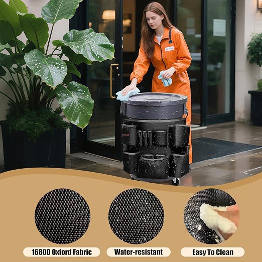 Hongmed Trash Can Caddy Bag: 1680D Fabric Heavy-Duty Cleaning Caddy with Adjustable Buckle fits 32-55 gal Trash Can, Multi-Pockets Cleaning Tool Organizer for House Cleaners & Janitorial Duties