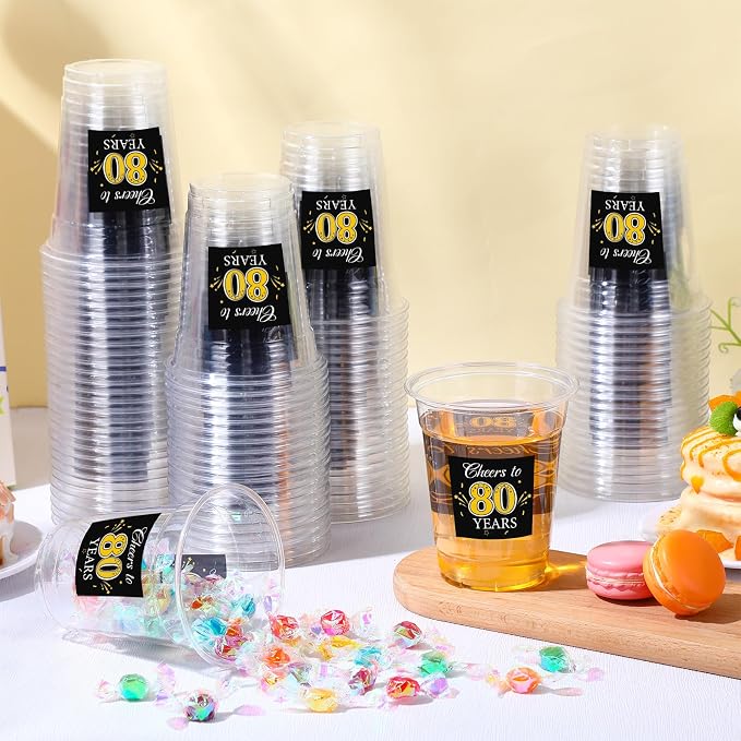Funnymoom 100 Pack 80th Birthday Cup 12 oz Cheers to 80 Years Happy Birthday Disposable Clear Plastic Cups for Him Men Women Wedding Anniversary Decorations Party Favors