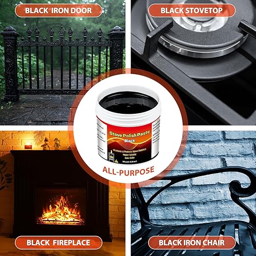 6 Pcs Stove Polish Set Includes 2 Pcs 10.58 oz Black Stove Polish Paste, 2 Brush, 2 Disposable Gloves for Cast Iron Stoves Grills Ornamental Ironwork Fence Sand Barbecues