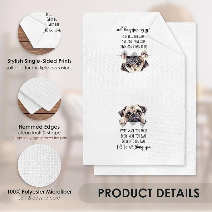 Pug Kitchen Towel Gifts for Dog Lovers Decorative Set of 2, Pug Dish Towels Dishcloths Tea Towels, Puggy Dog Waffle Weave Microfiber Hand Towel for Kitchen Bathroom Decor 16x24