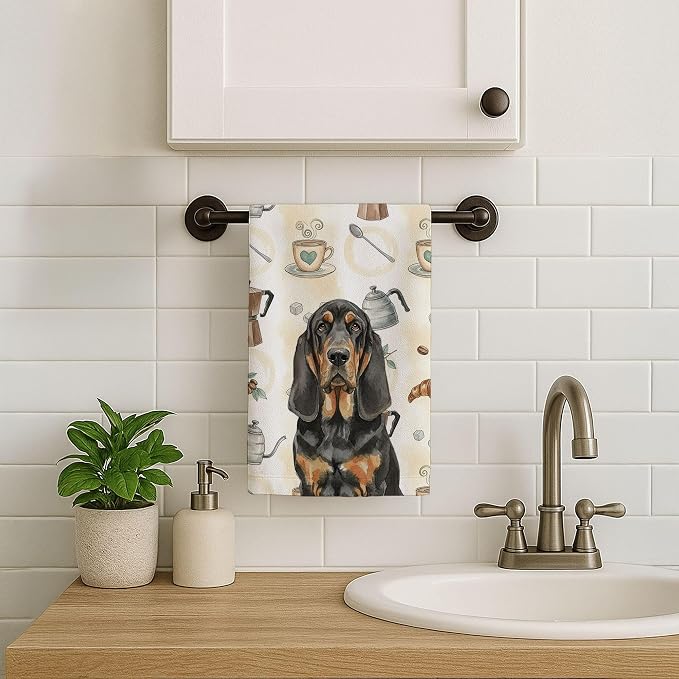 Caroline's Treasures Black and Tan Bloodhound Coffee Bar Kitchen Towel Velour Plush Front and Cotton Loop Back Machine Washable