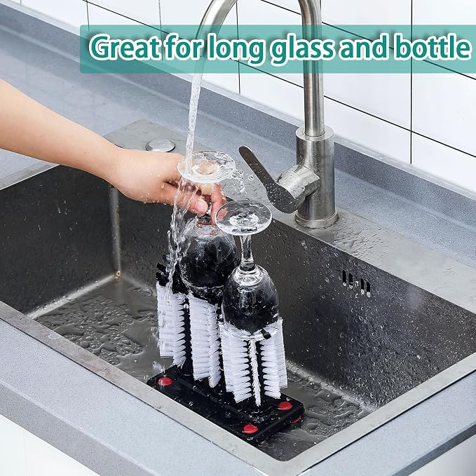 Havawish 3 Pack Water Bottle Cleaning Brush with Suction Base, 3 Head Bristle Bar Glass Washer for Sink, Washer Brush Cleaner for Bar Beer Cup, Wine Glass, Long Leg Cup Kitchen Tools