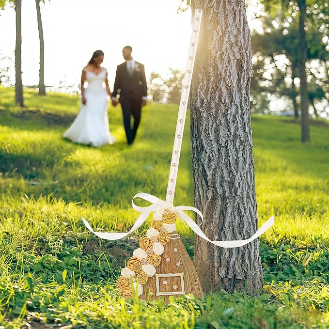 Jumping the Broom - 40 Inch Handmade Wedding Broom with Natural Broom Corn, Velvet Roses & Crystals, DIY Kit for African American Wedding Ceremony (White & Gold, Gift Box Included)