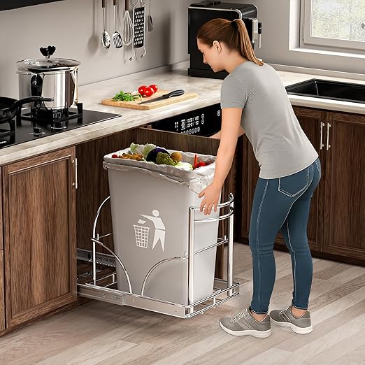 ANASTA Dual Pull Out Trash Can Under Cabinet Rack, No Can Included, Under Sink Trash Can Pull Out Holds Double 7-9 Gal/2 * 35 Qt Recycle Bin Garbage Can Combo, Inside Cabinet Size โฅ16''W 22" D 17''H