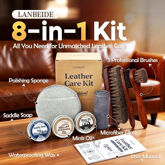 LANBEIDE Leather Boot Care Kit, Boot Cleaning & Shine Kit – Includes Saddle Soap, Mink Oil Conditioner, Waterproofing Wax, and Brushes for Men & Women Cowboy Boots