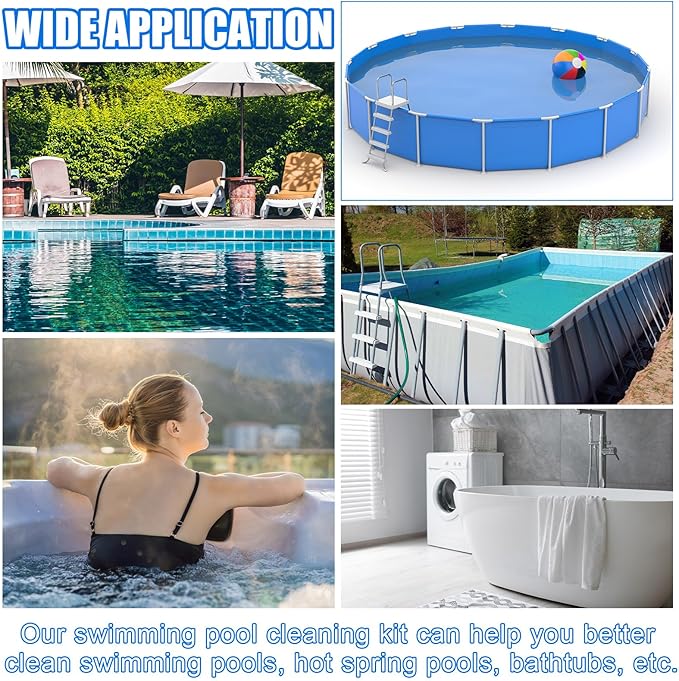 SiliFine 5 Pcs Swimming Pool Cleaning Kit 17.5'' Brush Head with 47'' Telescopic Aluminum Pole and Leaf Skimmer Net Vacuum Head Pumice Stone with Handle for Above Ground Pool Spa Hot Tub Maintenance