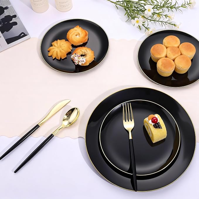 Goodluck 300PCS Black Gold Plastic Silverware Set for 100 Guests, 100 Knives, 100 Forks and 100 Spoons, Food-grade material free of BPA, Gold Plastic Cutlery Ideal for Weddings, Birthdays, Graduation