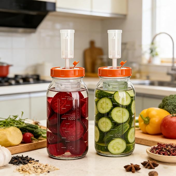 64oz/2L Fermentation Jar Kit, 2 Pack Fermentation Kit with Glass Jars, Fermenting Weights,Seal Lids Can Mark Date and Airlocks for Pickling Sauerkraut Easy Fermenting & Storage(Jar Included)