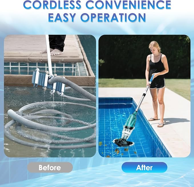 Pool Vacuum for Above Ground Pool, Handheld Rechargeable Pool Cleaner, Turbo™ Technology, Strong Suction 2700L/H, Running up to 75Min, Designed for Cleaning Leaves, Sand, Small Spas/Hot Tubs