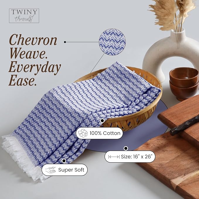 TWINY threads Kitchen Towel Chevron Pattern, Premium Large Kitchen Linen Set, 100% Cotton Wash Rags, Absorbent Quick Drying Cloth, Washable Reusable Multi Purpose, Set of 4, 16x26 Inches, Indigo Blue