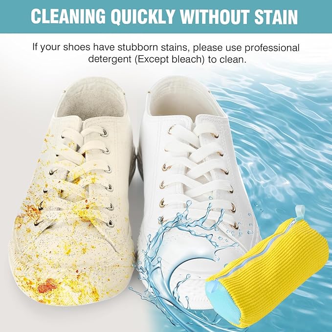 2 Pcs Shoe Washing Machine Bags with 4 Adjustable Shoe Trees, XXL Laundry Bags for Washer and Dryer, Sturdy Zipper with Hook Design, Reusable Cleaning Bag for Sneaker, Tennis (Yellow)