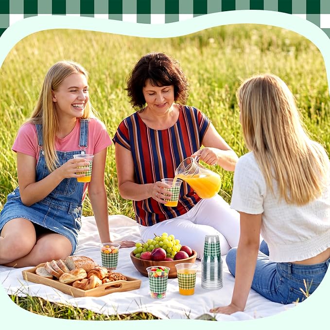 Qinyoung Checkered Plastic Cups 12oz Gingham Party Disposable Cups Bulk Drinking Cup for Cold Drinks Baby Shower Wedding Summer Birthday Party Supplies(Dark Green and White,50 Pcs)