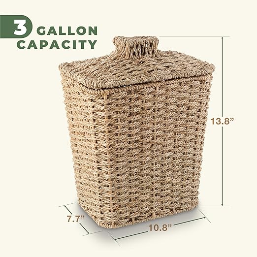 84ECO Wicker Trash Can with Lid and Liner - Rattan Trash Can for Bathroom - Decorative Wicker Waste Basket for Bedroom, Kitchen and Office (Natural Seagrass)