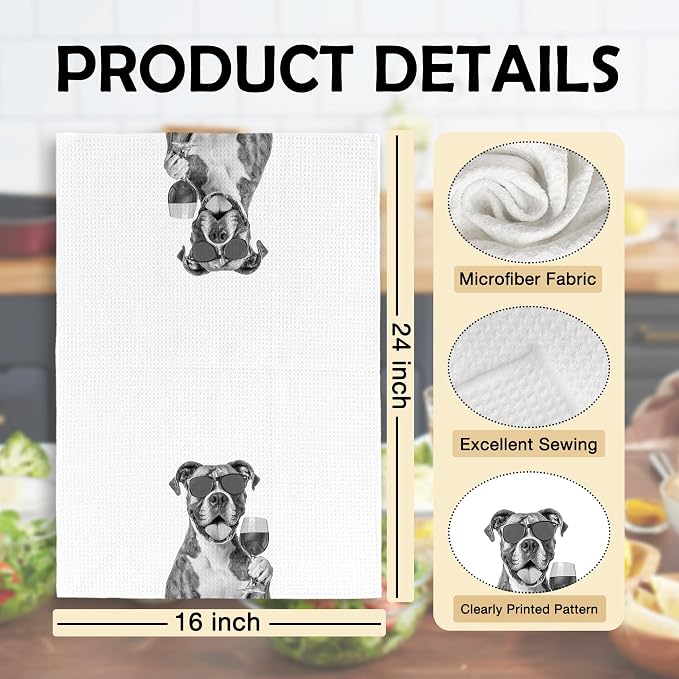 Funny Boxer Wine Kitchen Towels, Gifts for Dog Wine Lovers, Bar Accessories Dish Tea Towels for Kitchen, Dog Owners Housewarming Gift Decorative Hand Towel 16x24 Inch